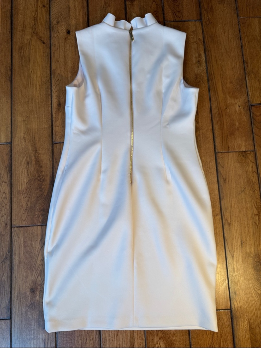 Calvin Klein Cream Ruffle V-Neck Midi Sheath Dress - Picture 5 of 7